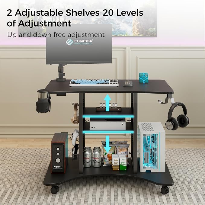 EUREKA ERGONOMIC Gaming Desk Computer, 37" Rolling Desk on Wheels for Small Space, Mobile Computer Cart with Pegboards Adjustable Shelves for Gaming PS Switch Home Office - Black - Image 7