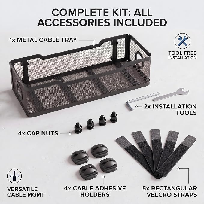 Under Desk Cable Management Tray, No Drill Cable Organizer for Desk, Metal Wire Management Basket with Clamp Mount, Cord Organizer Holder for Standing Desk, Home Office and Gaming Setup - Image 7