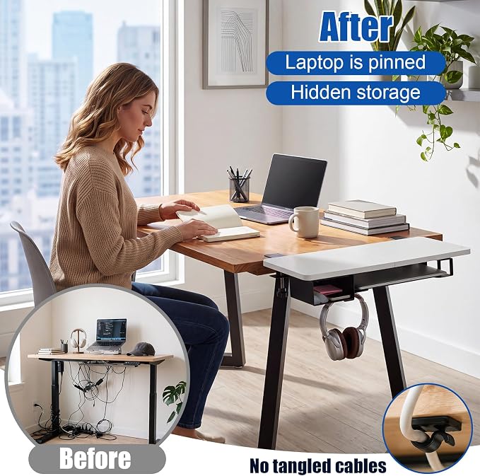 Novabright 24" x 12" Desk Extender Tray with Side Storage Rack Heavy Duty Desk Extender Under Desks Laptop Mount Keyboard Extenders for Desks with a Concealed Storage Area for Cable & Earphone (White) - Image 3