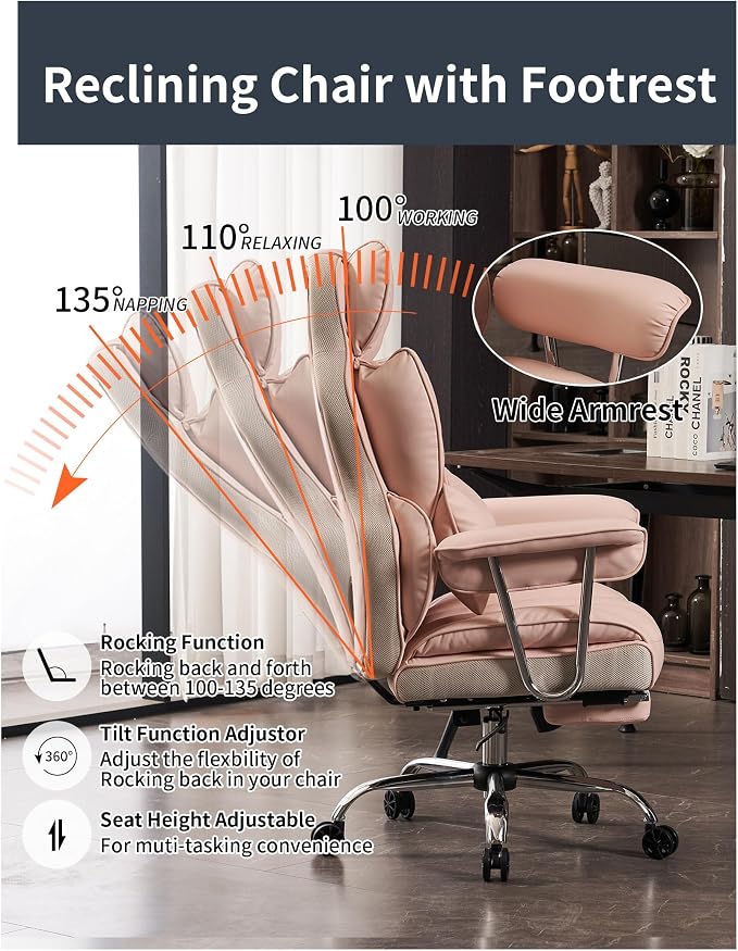 Efomao Big and Tall Office Chair 400LBS - Pink Heavy Duty Executive Office Chair with Footrest, Ergonomic Home Office Desk Chair, Wide Computer Chair for Heavy People | 400lbs support, 135° recline, dual-layer foam cushion, 23.5" seat & footrest. BIFMA - Image 4