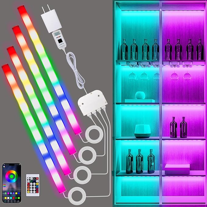 JUSJUBR RGB Shelf Lights, 4 PCS 12 Inch LED Light Bars for Night Ambient Lighting, Multiple Colors and Lighting Modes, App & Remote Control, Mood Lighting for Shelves, Cabinets, Display Cases, Desks by Jusjubr