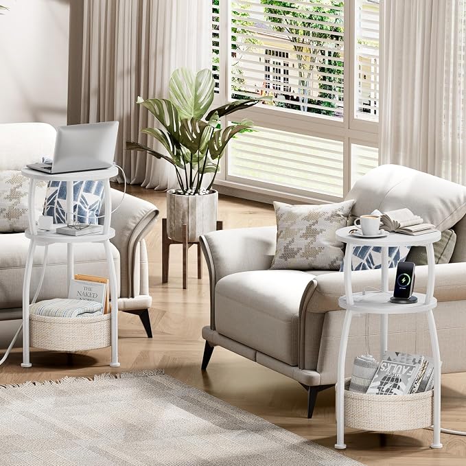 Side Table with Charging Station, Small Round End Table with Basket - Image 7