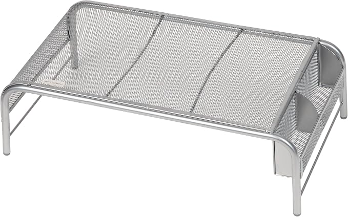 Mind Reader Monitor Stand, Ventilated Laptop Riser, Desktop Organizer, Side Storage, Metal Mesh, 20"L x 11.5"W x 5.5"H, Silver - Image 5