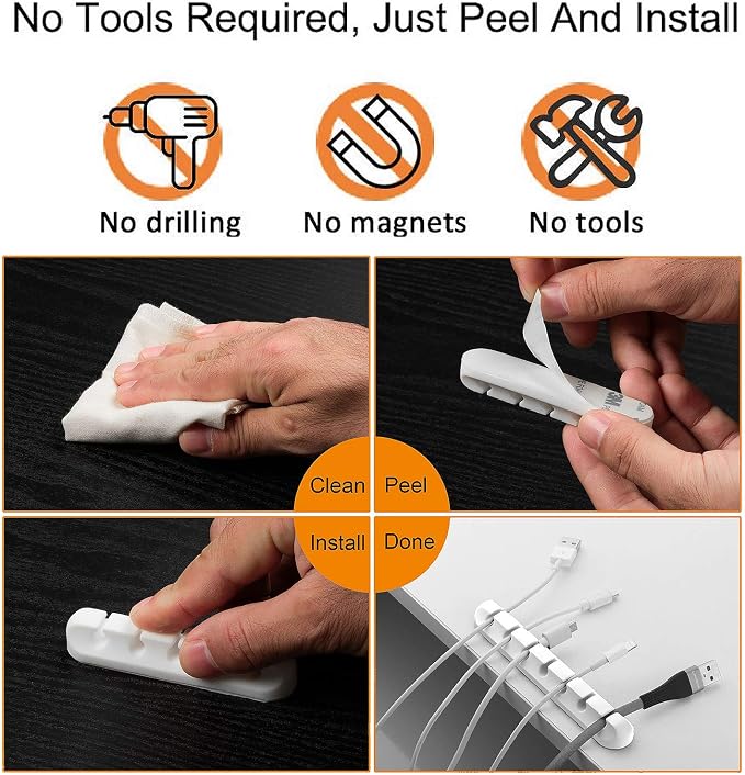 TviewSmart Cord Organizer for Desk, 5 Pack Cord Holders, Cable Clips, White - Image 3