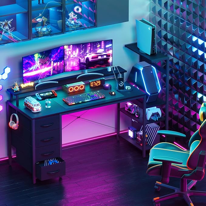 59 Inch Gaming Desk with Drawers & PC Tower Stand & LED Lights, Black - Image 8