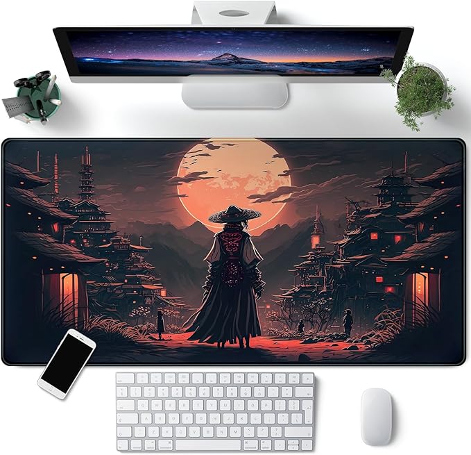 Japanese Landscape Desk Mat Post Moonlight Samurai Mouse Pad Large Dark Aesthetic Desk Pad Gaming Mousepad Extended XXL 31.5 x 15.7 in Laptop Computer Mouse Keyboard Mat by CYZFF