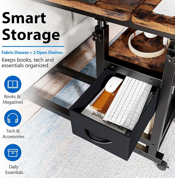 Adjustable Overbed Bedside Table with Wheels, Charging Station - Image 5