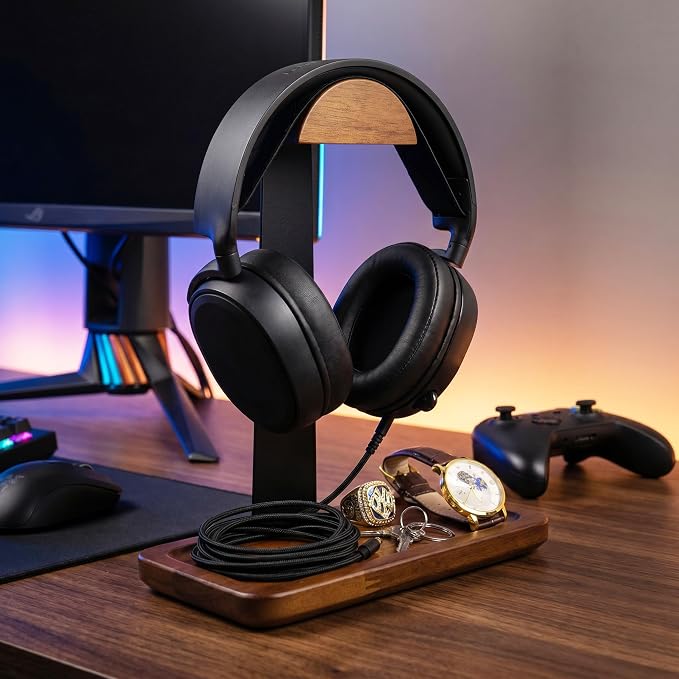 Gift for Men Headphone Stand with Storage Base, Stylish Headset Holder Gamer Gifts for Gaming & Desk to Keep Accessories Organized, Unique Gifts for Teenage Boy Brother on Birthday (Brown Wood) - Image 3