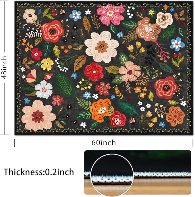 Office Chair Mat for Hardwood & Tile Floor,Boho Floral 60"x48" Office Computer Chair Mat for Rolling Chairs,Under Desk Non Slip Gaming Rug,Rubber Backing Large Low-Pile Carpet Protector Mat(Black) - Image 2
