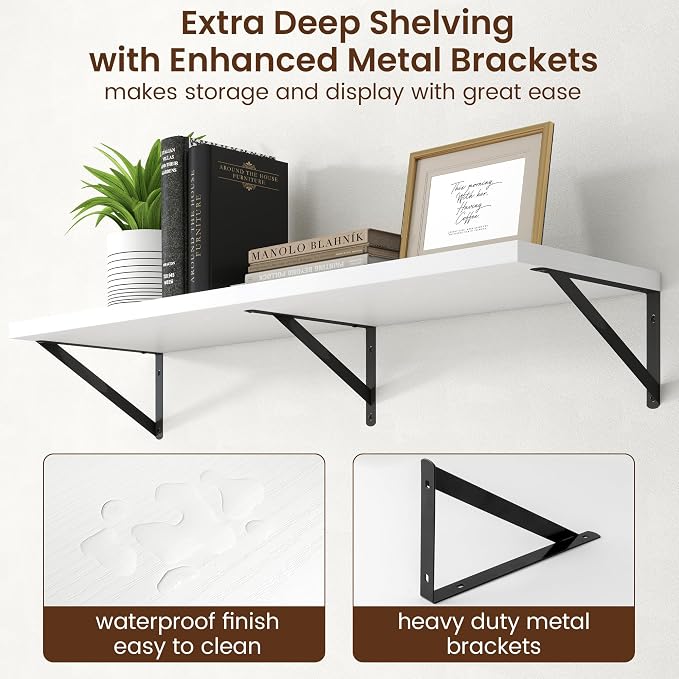 Axeman Deep Floating Shelves - 40 Inch White Floating Shelves Set of 2-12 Inch Deep Wood Wall Shelves for Living Room Bathroom Kitchen - Image 5