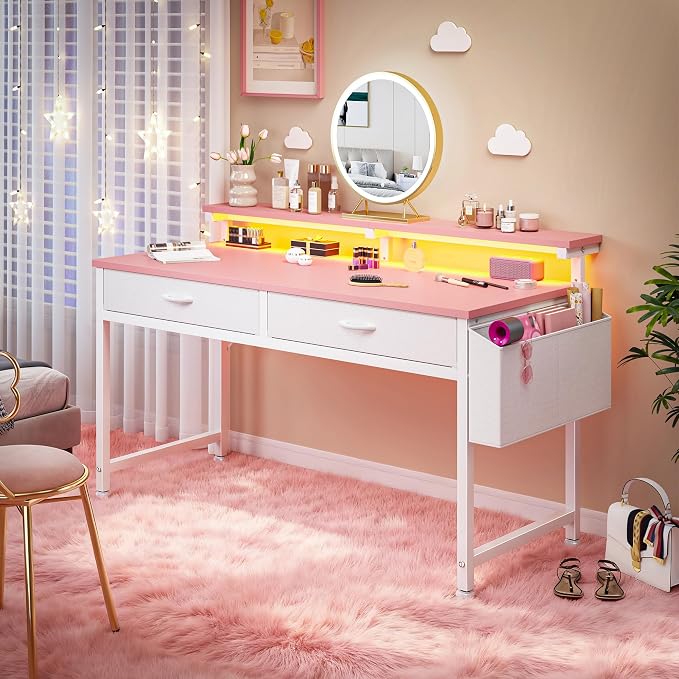 DurayLoly 47.3” Office Computer Desk with LED Lights&2 Fabric Drawers,Pink - Image 2