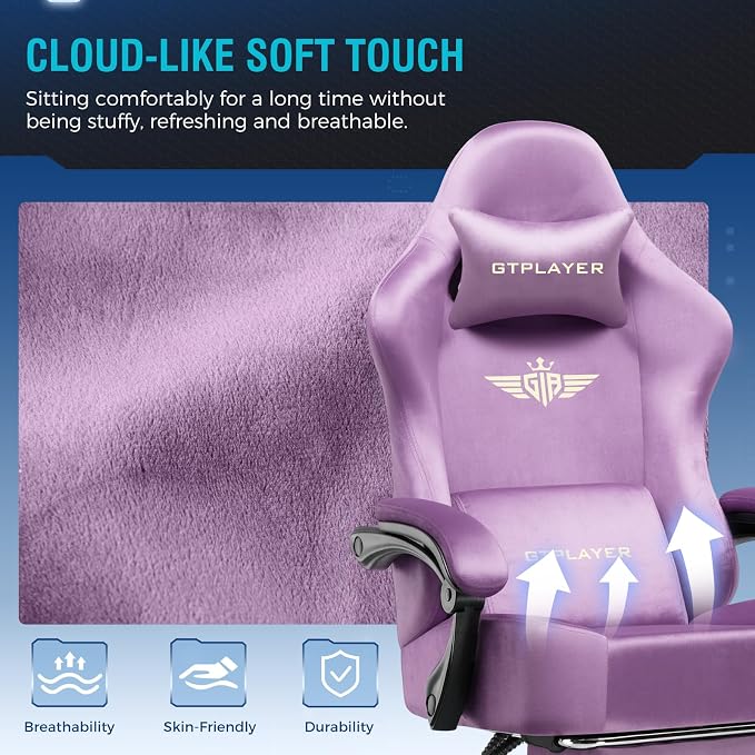 GTPLAYER Gaming Chair Fabric with Pocket Spring Cushion, High Back Ergonomic Computer Chair with Footrest for Adults Lumbar Support Swivel Game Chair for Office Gaming 350LBS, Light Purple - Image 4