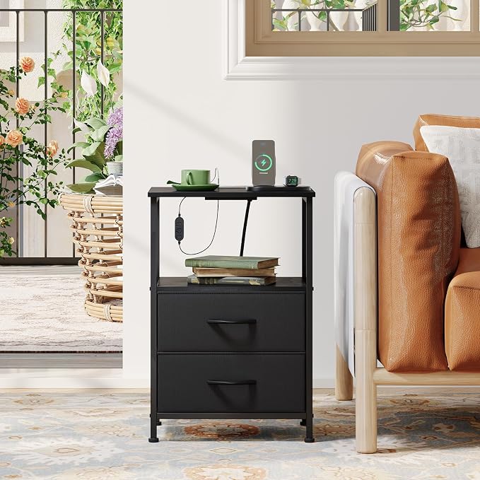 Somdot Nightstands Set of 2 with 2 Drawers, Charging Station & LED Light - Image 7