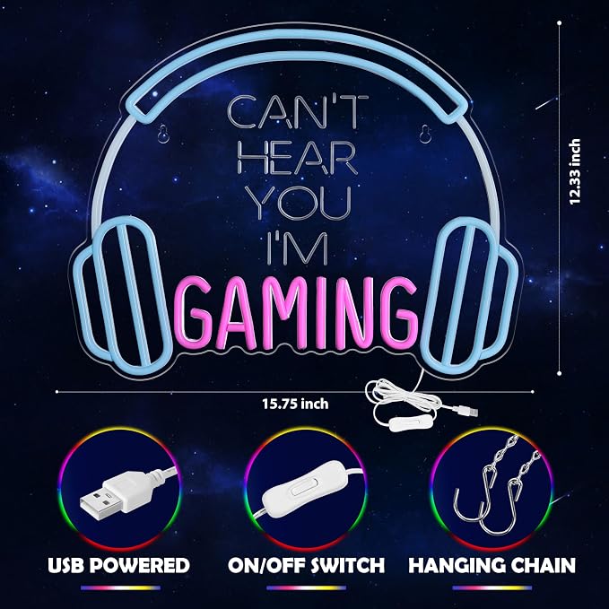 Kavaas Gamer Neon Sign, Neon Headphone Signs for Gaming Room Decor - Can't Hear You I'm Gaming Headset LED Light Sign for Teen Boys Room Decor - Best Gamer Gifts for Teenage Boys, Kids - Image 4