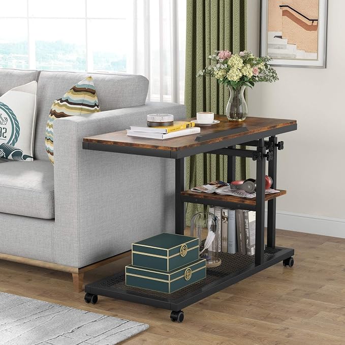 Tribesigns Height Adjustable C Table with Wheels, Mobile Couch Snack Side Table with Tiltable Drawing Board, Sofa Bedside Laptop Stand C Shaped TV Tray with Storage Shelves (Brown) - Image 6