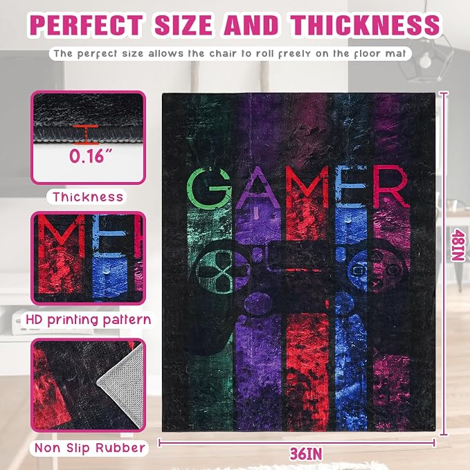 Gaming Chair Mat for Hardwood Floor 36"X 48" Heavy Duty Office Desk Chair Rug for Under Game Rolling Chairs Computer Decor Protect Mats Low Pile Non-Slip Rubber for Carpet & Tile Floor-Game - Image 3