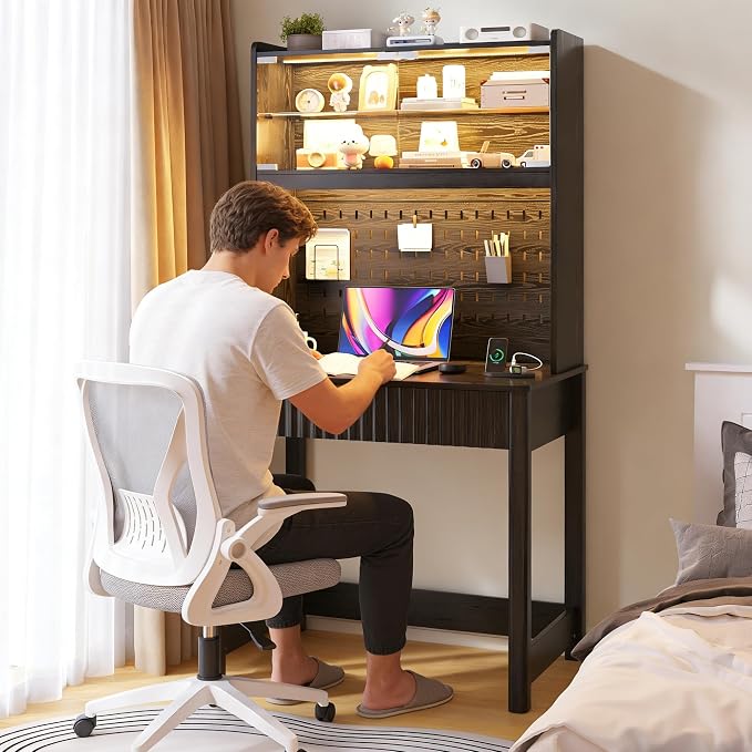Lvifur LED Writing Desk with Hutch and Pegboard and Power Outlet (Black) | Compact Study Desk with Display Shelf, 3 Color Lights, Adjustable Brightness, USB/Type-C&2 AC Outlets, Drawer wtih Metal Rail - Image 8