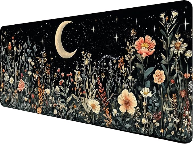 Cute Mystical Plants Desk Pad Whimsical Moon Stars Extended Gaming Mouse Mat with Stitched Edge Non-Slip Base - Big Office Computer Keyboard Laptop Home - 31.5"x11.8" by Unknown