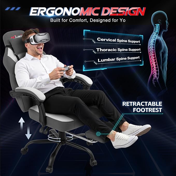 DL-win Gaming Chair for Adults with Footrest & Massage Lumbar Support, Ergonomic High Back Gamer Chair, Adjustable Swivel Computer Gaming Chairs with Headrest and Linkage Armrests,Green (Greige) - Image 4