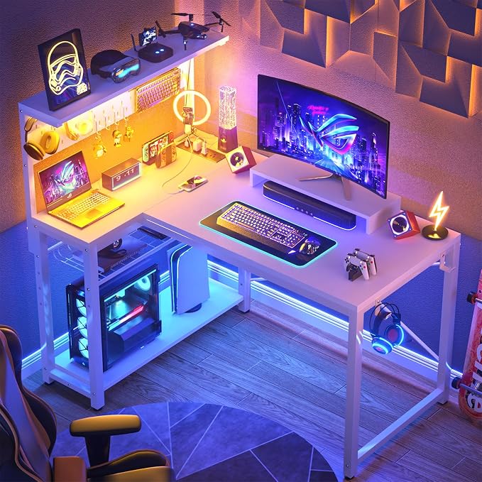 Homieasy Small Gaming Desk with Power Outlets Pegboard LED Light, 43 Inch L Shaped Computer Desk with Monitor Stand Storage Shelves, Reversible Corner Desk with Headset Hooks, White - Image 2