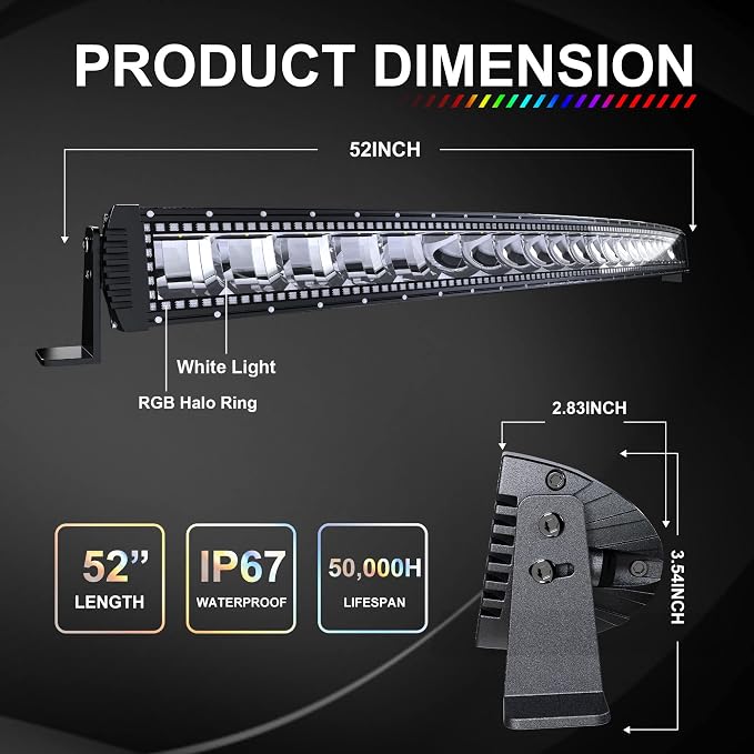 Lpteso RGBW 52Inch 300W Curved LED Light Bar with RGB Halo Ring Chasing Light, 16 Solid Colors, Over 92 Strobe Flashing Modes, IP67 Waterproof, Adjustable Mounting Bracket - Image 2