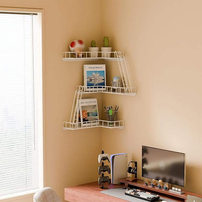 Fire Escape Wall Shelf - Modern City Style 3-Tier Corner Wall Shelves, Easy to Install Metal Ladder Shelf for Figures, New York Decorative Shelves for Bathroom, Living Room & Home Decor,White - Image 4