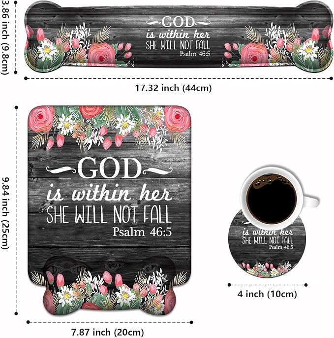 Wrist Rest Support Ergonomic Gel Mouse Pad & Memory Foam Keyboard Set, Non-Slip Rubber PU Base for Home Office Working Studying Easy Typing & Pain Relief - Floral Quote Bible Verses Psalm 46:5 - Image 2