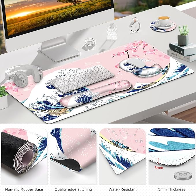 Gaming Mouse Pad, Large Desk Mat, Cute Desk Pad Protector, Pink Cherry Blossoms XXL Mousepad + Keyboard Wrist Rest+Mouse Wrist Rest+Coaster Set with Ergonomic Desk Pad, Japanese Wave of Kanagawa - Image 8
