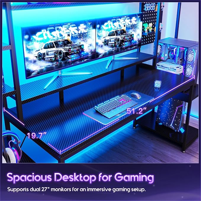 AODK 76 Inch Gaming Desk with Storage Shelves, LED Lights, 3 Drawers | PC Desk with Hutch & Pegboard & Large Desktop, Reversible Computer Desk for Home Office, Carbon Fiber Black - Image 6