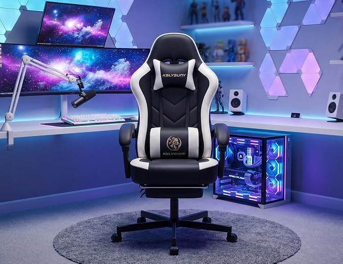 Office Desk Computer Gaming Chair for Adults, Ergonomic High Back Gamer Chair with Massage and Pocket Spring Cushion, Swivel Comfy Video Game Chairs with Footrest and Lumbar Support (Black White) - Image 9