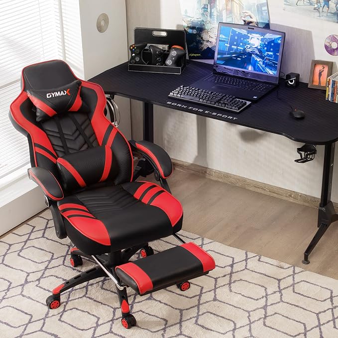 GYMAX Gaming Chair, Ergonomic Computer Chair with Footrest, Linkage Armrests & Lumbar Cushion, Big Wide High Back Video Gaming Chair, Reclining Office Rolling Chair for Adult/Teens (Red) - Image 2