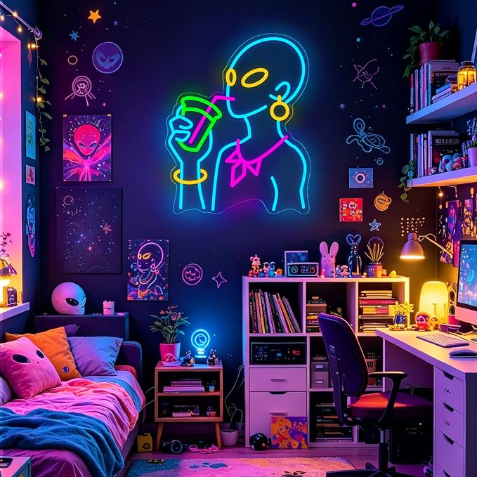 Drinking Neon Signs for Wall Decor, Boho Figure LED Wall Art for Home Bar Decor, USB Dimmable Neon Lights, Housewarming, Birthday, Christmas Gift (Alien Blue) - Image 6