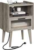 MMEOLUOOK Nightstand with Charging Station, Bedside Tables Oak Grey End Table Side Table with 2 Tiers Storage Space, for Bedroom Living Room MLBZ07GE by MMEOLUOOK