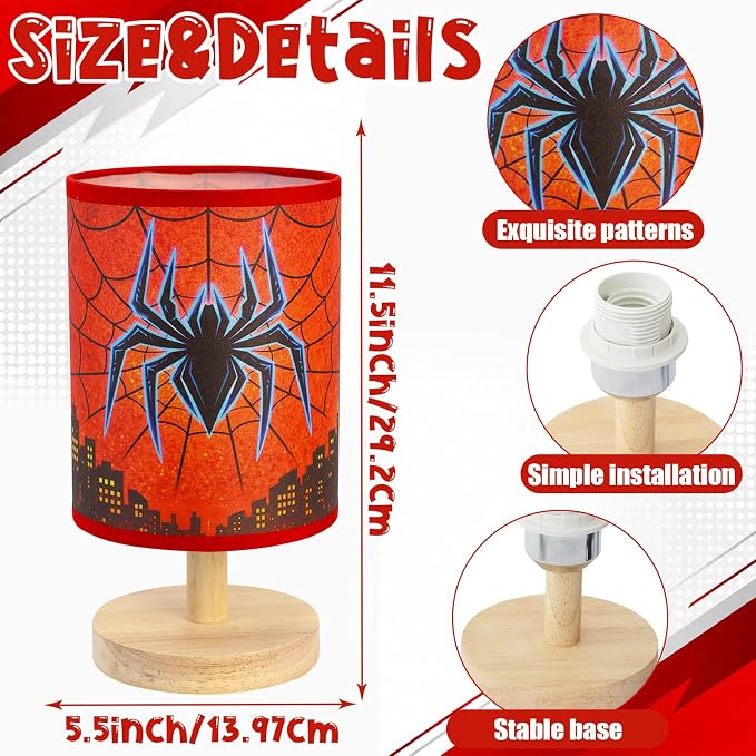 Spider Table Lamp for Boys - Spider Night Light & Bedroom Bedside Lamp with Linen Lampshade and Wooden Stand, Cartoon Nursery Lamp for Desk, Home Decor - Image 3