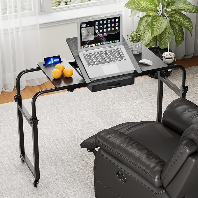 GiftGo Overbed Table with Wheels Rolling Laptop Desk Cart Over Recliner Wheelchair Table Adjustable for Hospital and Home Use Over The Bed Table with Storage Drawer and Cup Holder (Black) by GiftGoDirect