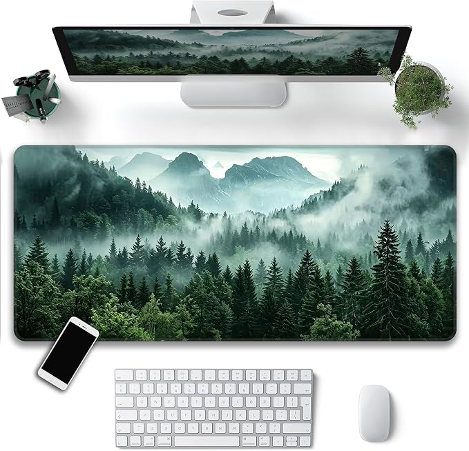 Green Misty Forest Desk Mat, XXL 35.4"x15.7" Large Mouse Pad, Mountains Extended Gaming Mouse Mat,Non-Slip Rubber Base Waterproof with Stitched Edges for Gaming Office Home Decor - Image 2