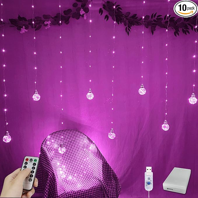 YOLIGHT Wishing Ball Curtain Lights 200 LED Window Curtain String Light with Remote, USB Battery Powered Twinkle Globe Fairy Lights for Wedding Party Bedroom Christmas Decoration (Pink) by Yolight