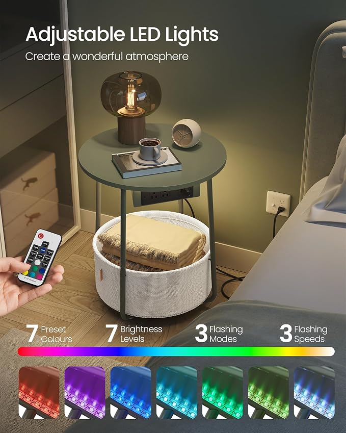 VASAGLE Side Table with Charging Station,Fabric Basket, LED Round End Table - Image 3