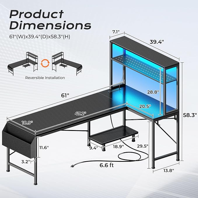 PRAISUN L Shaped Gaming Desk with LED Lights & Power Outlets | Reversible Computer Desk with Storage Shelves & Bag, Large Corner Home Office Desk for Work from Home, Carbon Fiber Black - Image 2