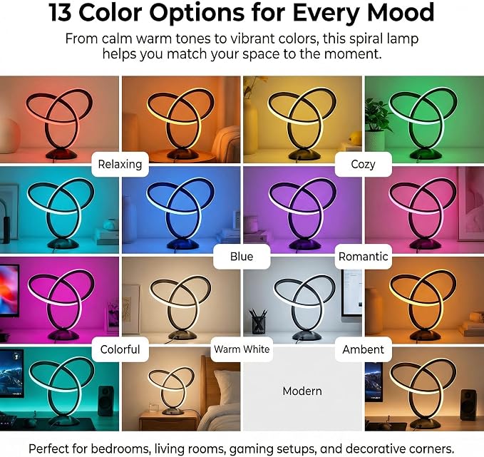 RGB Spiral Table Lamp with Remote, 13 Colors, Dimmable LED Bedside Light - Image 2