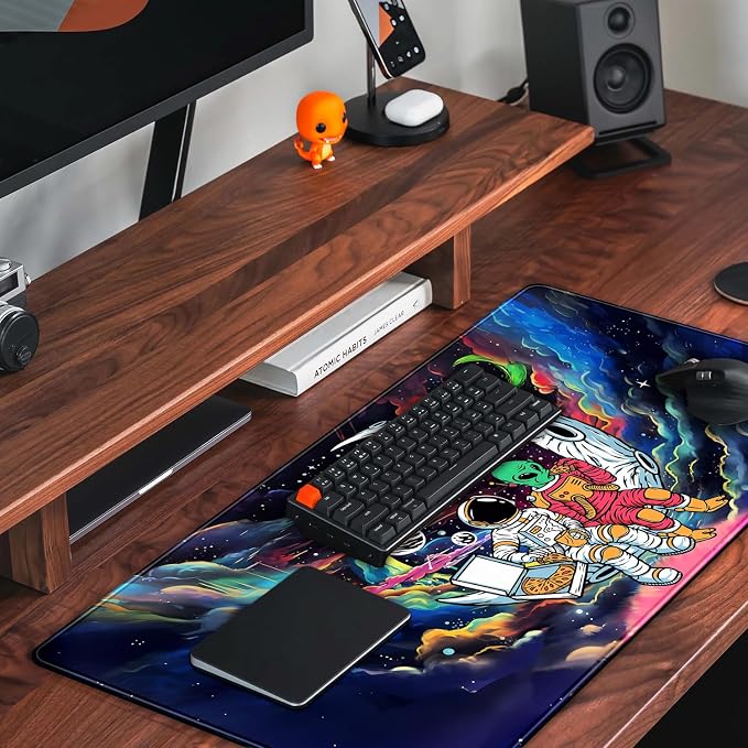 Funny Space Mouse Pad Desk Mat Astronaut Alien Large Gaming Mouse Pads Anime Desk Pad Mousepad XXL Cool Trippy Universe Extended Keyboard Mat with Stitched Edges Anti-Slip, 31.5 X 15.8 in - Image 5