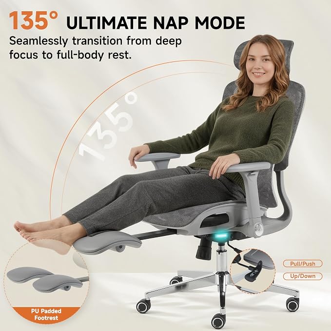 Korser Ergonomic Mesh Office Chair with Footrest, Big and Tall Desk Chair with 4D Flip-Up Arms, Auto-Tracking Lumbar Support, 3D Headrest, High Back Computer Gaming Chair for Home Office, Grey - Image 7