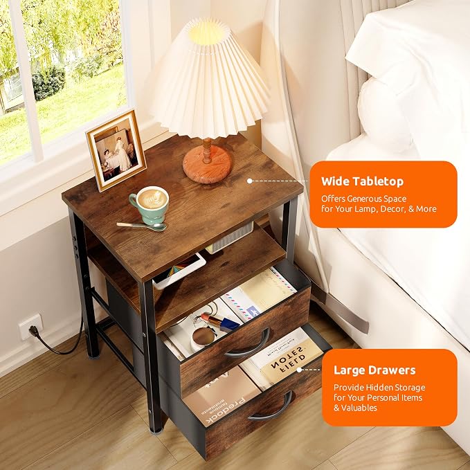 Lazzanto Night Stand with Charger Station for Bedroom, Brown Nightstand - Image 6