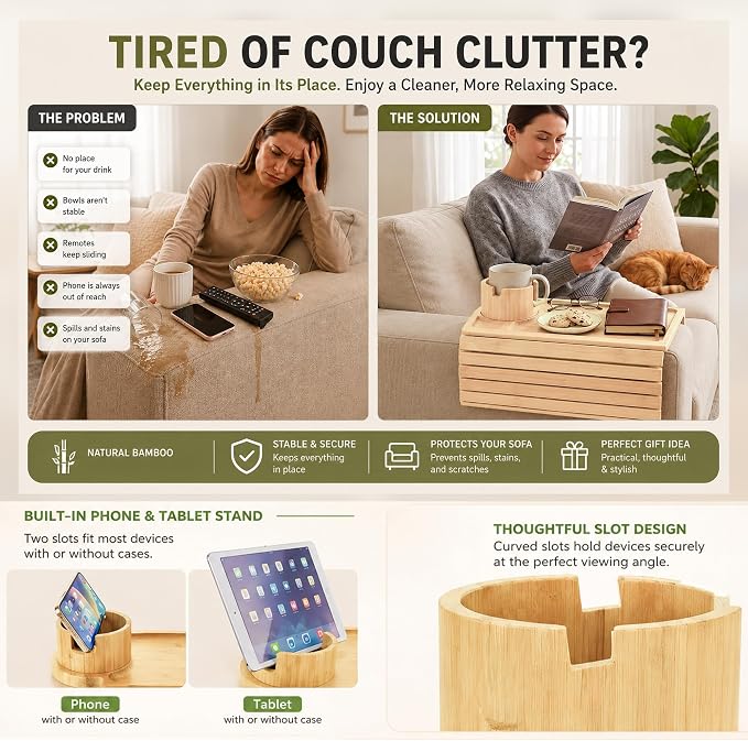 OMEO Couch Cup Holder Tray, 3 in 1 Couch Arm Trays – Large Bamboo Chair Arm Rest Tray with 360° Cup Holder | Removable Anti-Slip Organizer for Snack Eating - Image 3