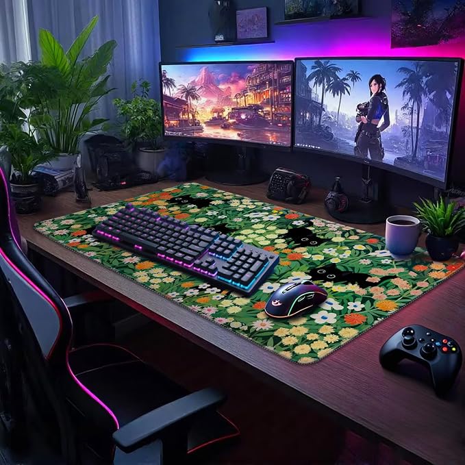 Cute Flower Cat Large Gaming Mouse Pad Desk Mat 31.5"x15.7" | Extended Mousepad, Non-Slip Rubber Base , Stitched Edges, for Computer/Laptop/Office/Home - Image 3