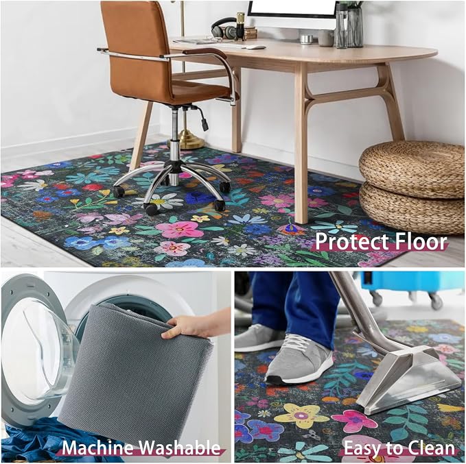 Office Chair Mat for Hardwood & Tile Floor,Boho Floral 36"x48" Office Computer Chair Mat for Rolling Chairs,Under Desk Non Slip Gaming Rug,Rubber Backing Large Low-Pile Carpet Protector Mat(Cyanblue) - Image 6