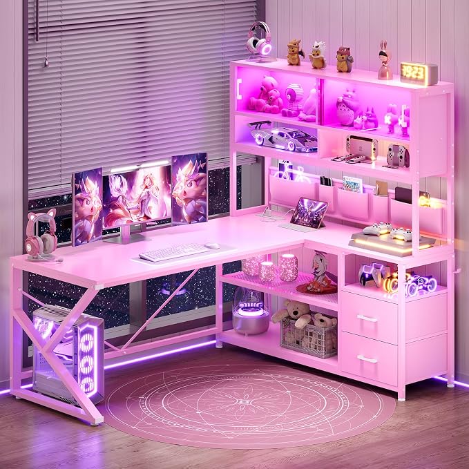 SEDETA L Shaped Gaming Desk with Storage Shelves, 2 Drawer, LED Light by SEDETA