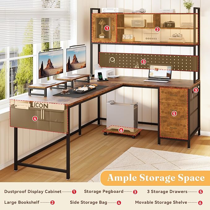 Corner L-Shaped Desk with 3 Storage Drawers, Computer Desk with Power Outlet & Pegboard, Gaming Table with Shelves and LED, Monitor Shelf and Side Storage Bag for Study Room, Rustic Brown - Image 6