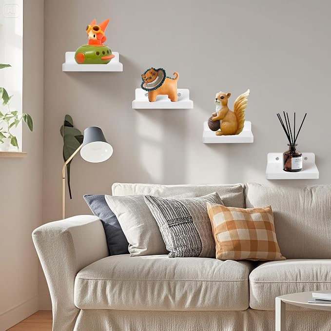 Small Floating Shelf for Wall,5 Inch Wooden Wall Shelf Set of 2,Mini Speaker, Baby Monitor,Cameras，Figurines Display Stand, for Bedroom, Gaming Room, Living Room, Bathroom, Office(White) - Image 2