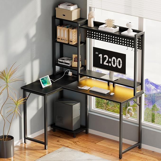 L Shaped Desk with Hutch - 48 inch Corner Computer Gaming Desks with Storage Shelves Reversible Pegboard Led Lights Power Outlets PC Monitor Stand for Bedroom, Black - Image 8